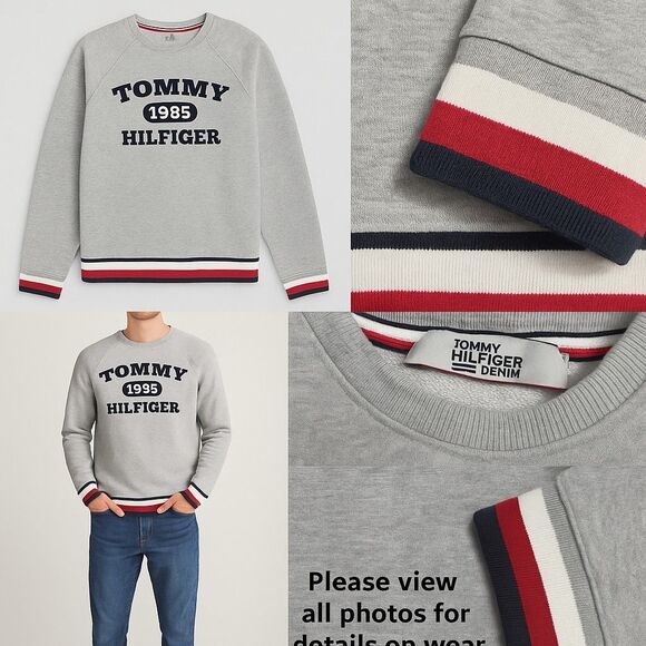 Tommy Hilfiger Denim 1985 Crewneck Sweatshirt Gray Size S/M Logo Pullover USA - Picture 2 of 15